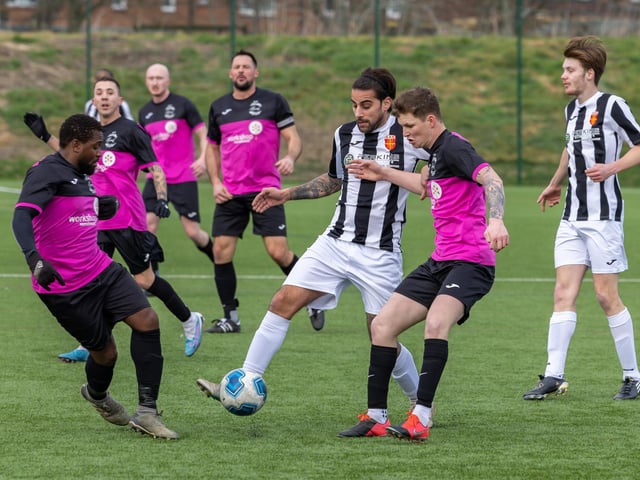 Harvest (pink) v Hayling (black & white). Picture: Mike Cooter