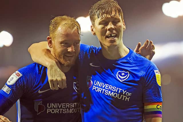 Connor Ogilvie celebrates with defensive partner Sean Raggett following his headed goal from Miguel Azeez's corner. Picture: Barry Zee