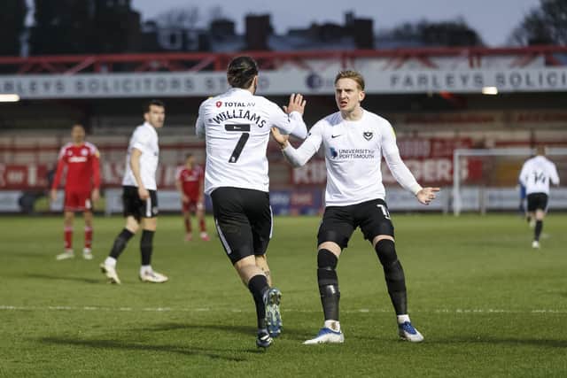 Pompey substitute Ryan Williams celebrates levelling at 2-2 during an eventful match at the Crown Ground. Picture: Daniel Chesterton/phcimages.com