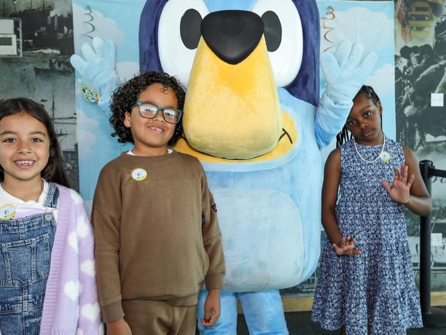 From left, Emily, 6, Santiago, 8, and Cleo, 7, met their favourite cartoon character.Picture: Chris Moorhouse (290524-37)
