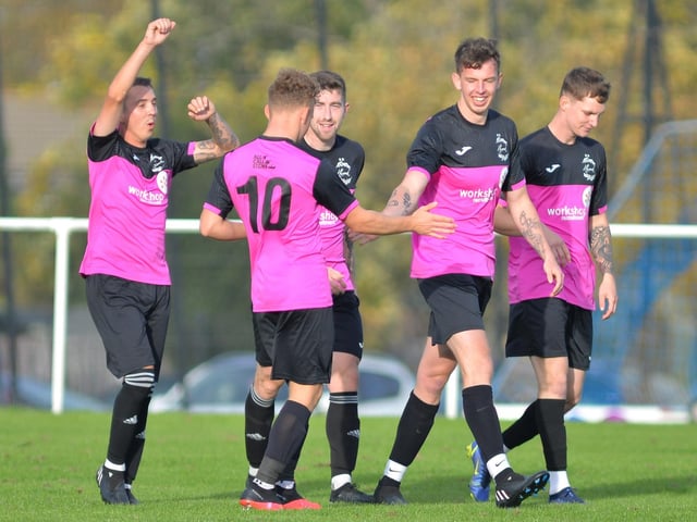 Harvest's George Rough, second right, has just scored. Picture by Martyn White