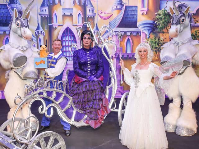 Sooty with Richard Cadell as his best friend Buttons, Craig Revel Horwood as the Wicked Stepmother and Debbie McGee as the Fairy Godmother.