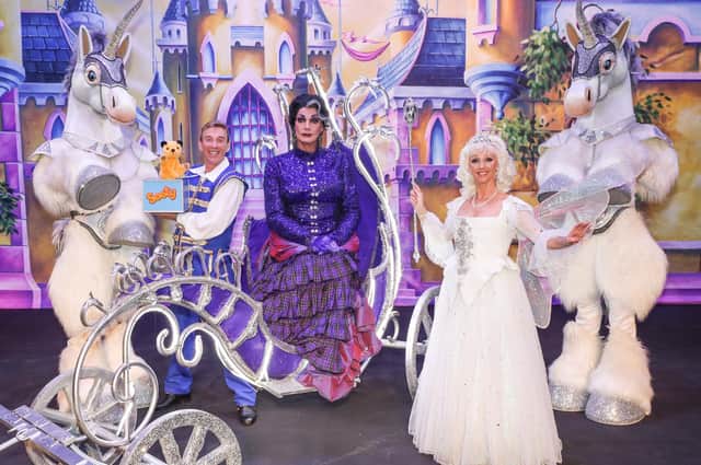 Sooty with Richard Cadell as his best friend Buttons, Craig Revel Horwood as the Wicked Stepmother and Debbie McGee as the Fairy Godmother.