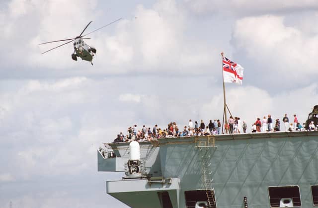 Sea Kings during their flying display over HMS Ark Royal during the Portsmouth Navy Days in May 1996.
Picture: (2259-2)
