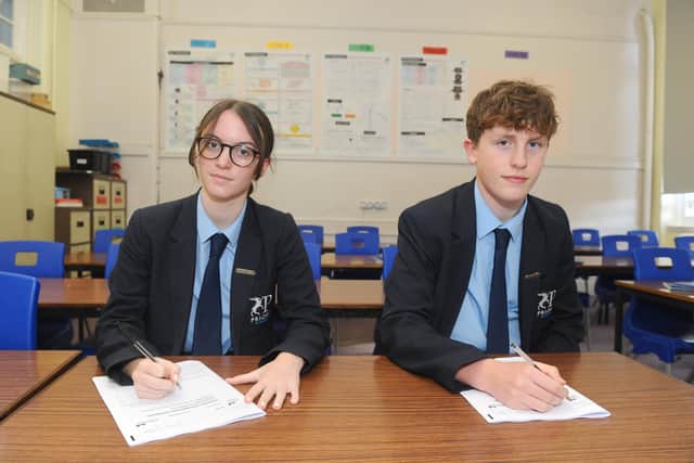 Priory School pupils, Ava Errington-Noden and Ethan Bailey, both 15, are determined not to let the disruption of the pandemic affect their GCSEs.
Picture: Sarah Standing