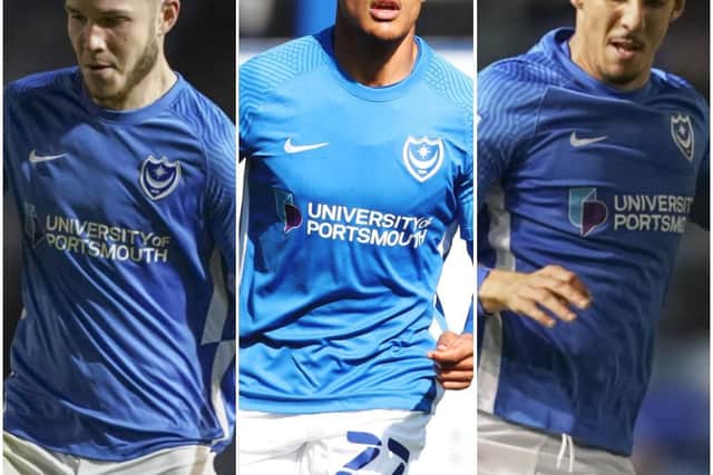 From left, George Hirst, Miguel Azeez and Gassan Ahadme have yet to see their Pompey careers really fire.