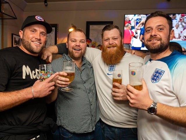 Jarrath Cush, Josh Strain, Ryan Ralph, Aaron Ralph - England fans before kick off at the Leopold Tavern in Southsea. Picture: Matthew Clark