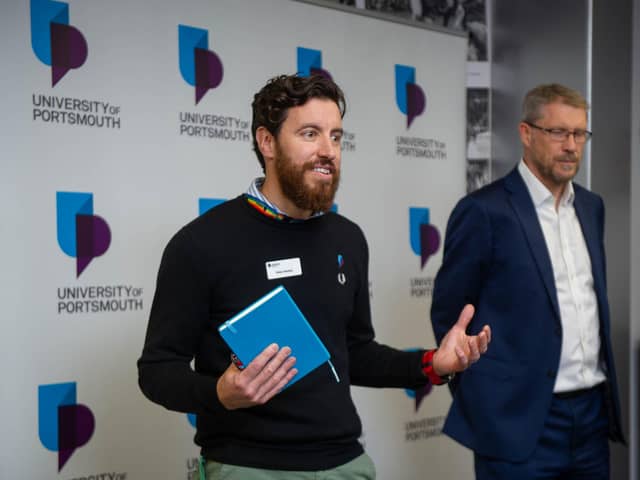 Peter Hooley (left) with editor of The News Mark Waldron at a lunch for winners of the Business Excellence Awards last year