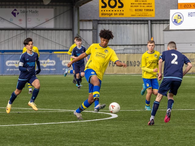 Action from the Under-16 Arthur Hughes Challenge Cup final between Meon Milton Awfords (yellow shirts) and Pickwick Youth Panthers. Picture: Mike Cooter