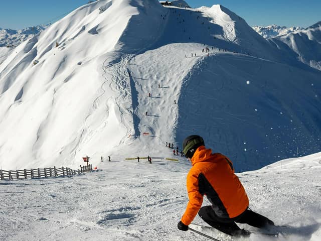 Skiing in the popular family resort of La Plagne in the French Alps