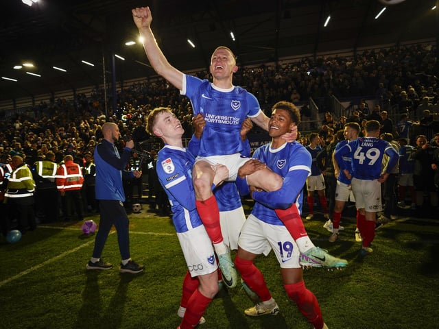 Pompey celebrate winning the League One title against Barnsley in April 2024. Picture: Jason Brown/ProSportsImages