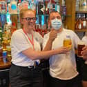 From left, team leader Harley OBrien, manager Roy Wolstenholme and team leader Trish Ionescu at the Portsbridge pub in Cosham this afternoon ahead of the England-Denmark Euro 2020 semi-final 
Picture: Tom Cotterill