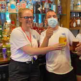 From left, team leader Harley OBrien, manager Roy Wolstenholme and team leader Trish Ionescu at the Portsbridge pub in Cosham this afternoon ahead of the England-Denmark Euro 2020 semi-final 
Picture: Tom Cotterill