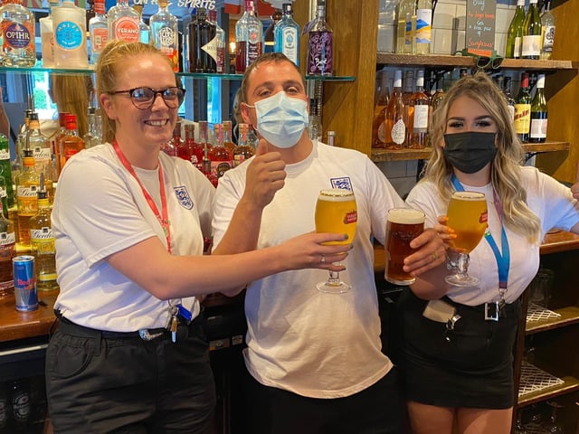 From left, team leader Harley OBrien, manager Roy Wolstenholme and team leader Trish Ionescu at the Portsbridge pub in Cosham this afternoon ahead of the England-Denmark Euro 2020 semi-final
Picture: Tom Cotterill