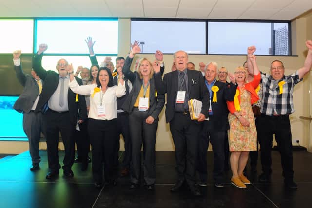 Liberal Democrats celebrate their win in Gosport.
Picture: Sarah Standing (060522-3562)
