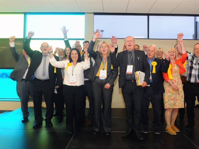 Liberal Democrats celebrate their win in Gosport.
Picture: Sarah Standing (060522-3562)
