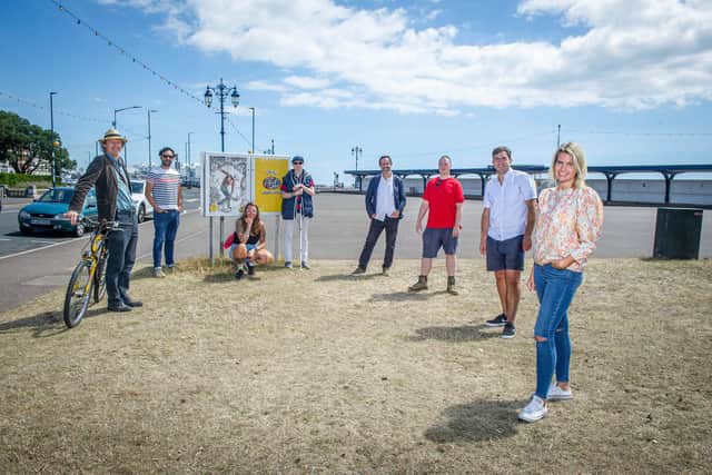 Portsmouth Creates offered financial lifelines to struggling artists in 2020. Pictured: Artists, William Sutton,Mark Persaud, Angela Chick, Clarke Reynolds, Kevin Dean,   , Ryan Dodd, Joe Munro and project manager, Billie Coe on the arts trail in Southsea on 29 July 2020.