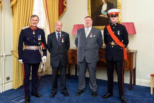 L to R: HM Lord-Lieutenant of Hampshire; Lt Cdr Nigel Huxtable BEM; Mr Michael Sutton BEM;
Cadet WO2 William Weaver. Pic Hampshire County Council