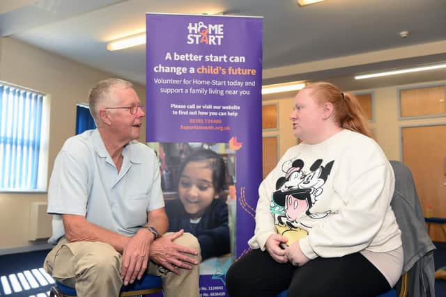 Home Start Portsmouth are celebrating their 30th anniversary in November 2022. 
Pictured is: Volunteer for Home Start Portsmouth for six years John Turnbull with Lauren Forward (29).

Picture: Sarah Standing (171022-4781)