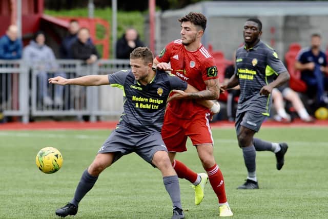 Worthing (red shirts) in action against East Thurrock. The Sussex club were on course for the National League South prior to the FA null and voiding the 2019/20 season. Picture by Stephen Goodger
