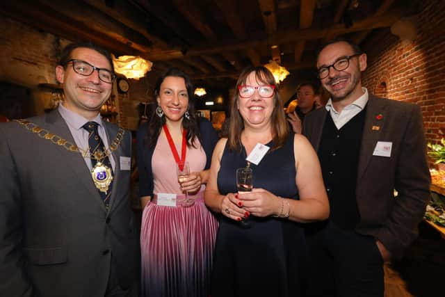 From left, Deputy Lord Mayor of Portsmouth Cllr Tom Coles, Deputy Lady Mayoress Nikki Coles, coordinator at Home Start Portsmouth Denise Brown and CEO Home Start UK Peter Grigg. Home Start celebrate their 30th anniversary at a party in the Square Tower, Old PortsmouthPicture: Chris Moorhouse (jpns 101122-08)