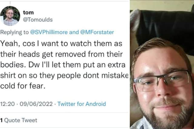 The offensive tweet and right, its author Tom Oulds