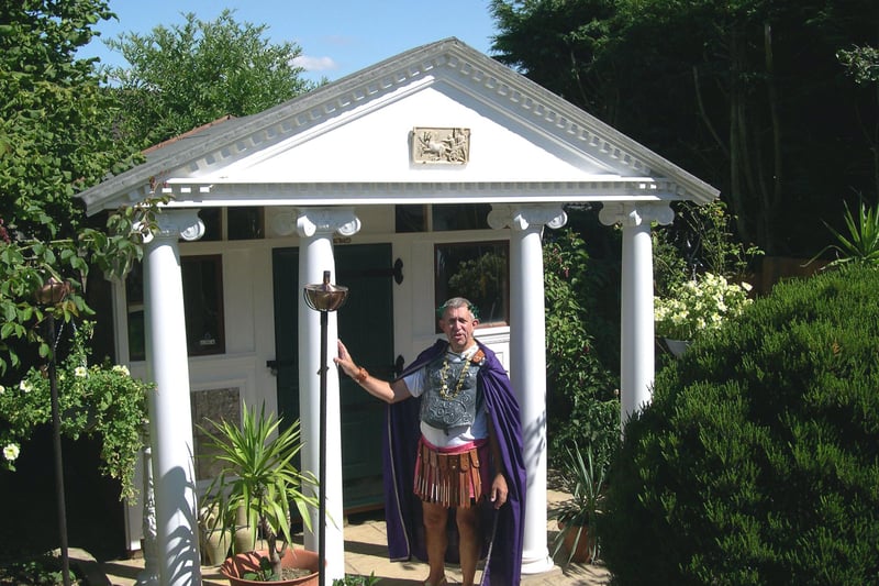 Tony - or should that be Emperor Tony - in front of his SHED OF THE YEAR 2007 - the first ever winner of the competition
The Roman Temple is a Folly. All the best stately homes can look across their estate and see a temple in the distance. It's just that this one is a bit nearer to the house, that's all !