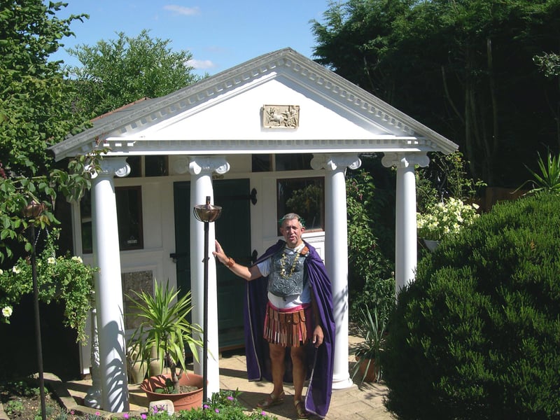 Tony - or should that be Emperor Tony - in front of his SHED OF THE YEAR 2007 - the first ever winner of the competition
The Roman Temple is a Folly. All the best stately homes can look across their estate and see a temple in the distance. It's just that this one is a bit nearer to the house, that's all !