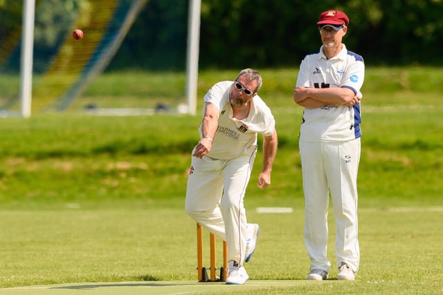 Simon Gough bowling for Fareham & Crofton 3rds against Portsmouth Community. Picture: Keith Woodland (270521-173)