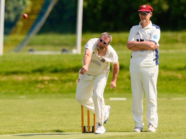 Simon Gough bowling for Fareham & Crofton 3rds against Portsmouth Community. Picture: Keith Woodland (270521-173)