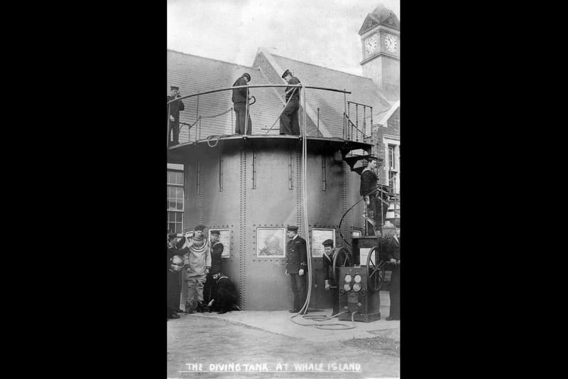 Royal navy divers training in the tank which was then at Whale Island, Portsmouth, about 1907.