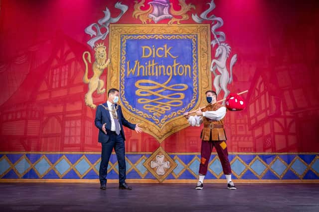 The Lord Mayor of Portsmouth Rob Wood joking with star Sean Smith at the panto's launch day. Picture by Andrew Searle.