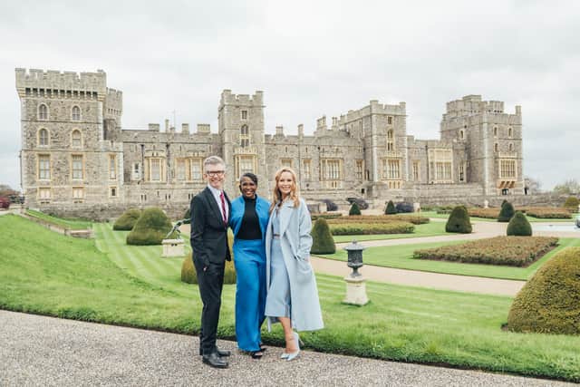 Gareth Malone, Motsi Mabuse and Amanda Holden outside Windsor Castle.  