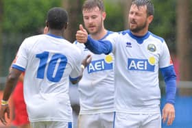 Dan Wooden, right, has just scored Gosport's second goal. Picture by Martyn White