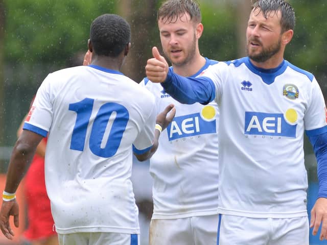 Dan Wooden, right, has just scored Gosport's second goal. Picture by Martyn White