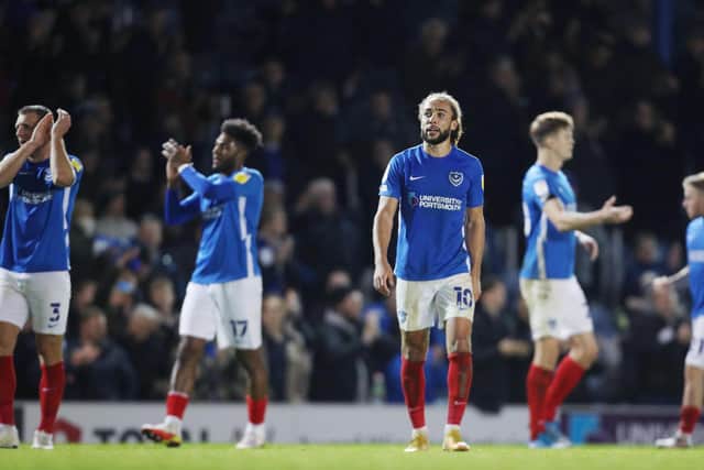 Pompey celebrate their AFC Wimbledon win.