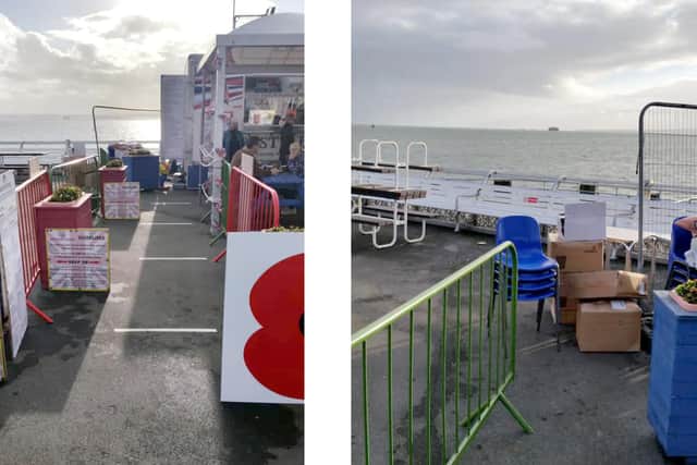 The Best of British Food kiosk on South Parade Pier. The blue picnic benches can be seen outside the kiosk, along with Covid measures. Picture: Mark Laskey