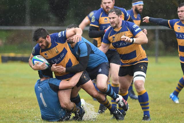 A Gosport & Fareham player about to be taken to ground against Chichester 2s. Picture: Neil Marshall
