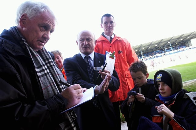 The great sir Bobby Robson signing autograph for young Pompey fans during Newcastle's visit to Fratton Park in February 2004.