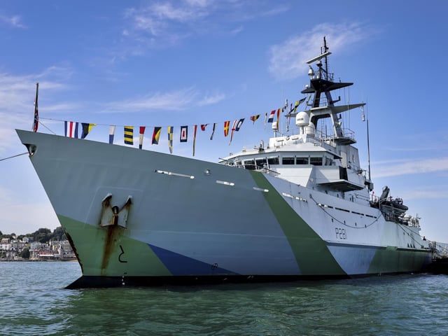 Pictured: HMS Tyne at anchor off the Coast of the Isle of Wight for Cowes Week.