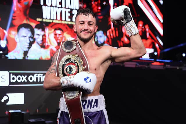 Mikey McKinson with his WBO Global welterweight title. Picture: Mark Robinson Matchroom Boxing
