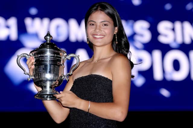 COOL: Emma Raducanu with the US Open trophy. Picture: Getty.
