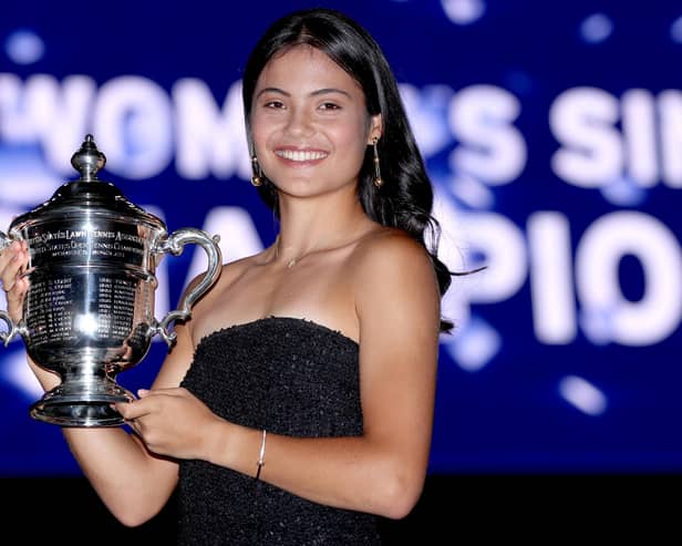 COOL: Emma Raducanu with the US Open trophy. Picture: Getty.