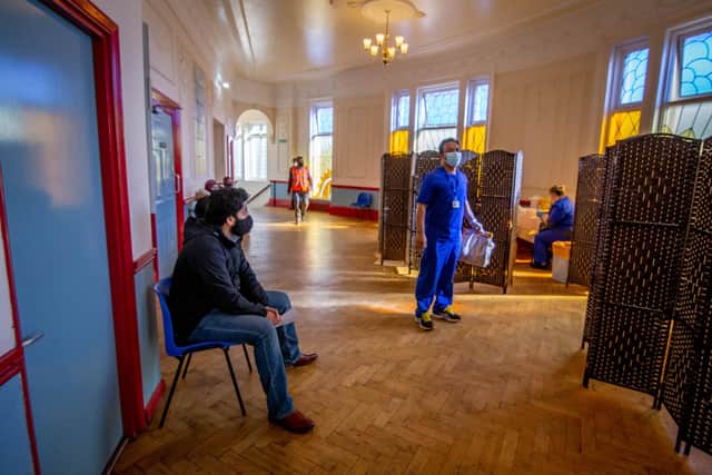 The Jami Mosque, Southsea, is throwing open its doors for its first weekly vaccination session on 30 March 2021
Pictured: People inside Jami mosque waiting to be vaccinated.
Picture: Habibur Rahman