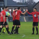 Fareham Town celebrate a goal in the FA Vase first-round triumph against Roman Glass St George last weekend. Picture: Keith Woodland