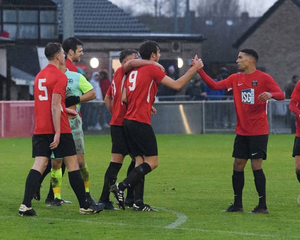Fareham Town celebrate a goal in the FA Vase first-round triumph against Roman Glass St George last weekend. Picture: Keith Woodland