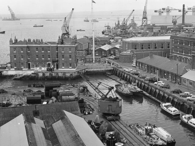 View north from Semaphore Tower showing South Camber and King's Stairs, Portsmouth Dockyard in 1970. The News PP1842