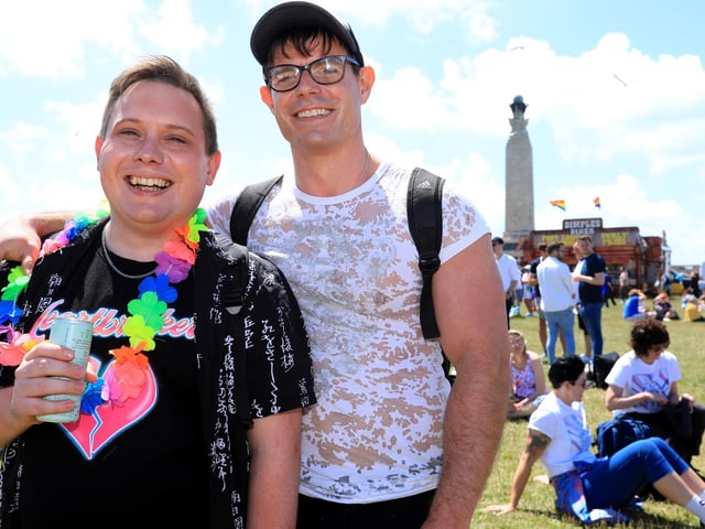 Luc Deschanel and Andrew McDougall, right. Portsmouth Pride, Southsea Common. Picture: Chris Moorhouse (jpns 110622-18)