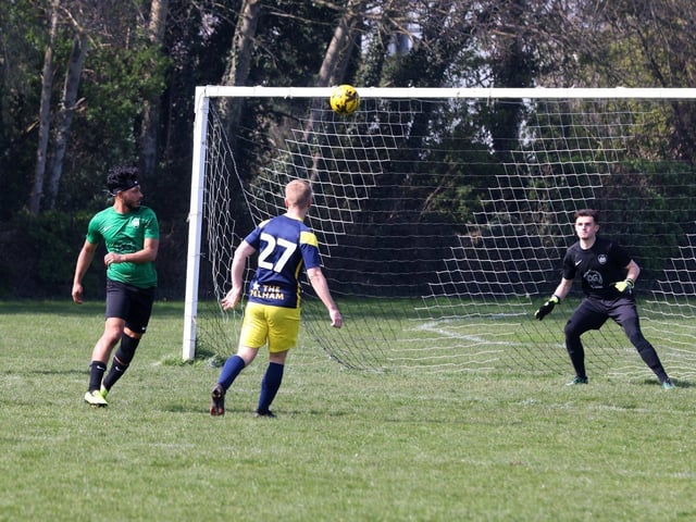 Action from the Challenge Cup clash between Pelham Arms (blue/yellow kit) and FFTP (green and black kit). Picture: Sam Stephenson