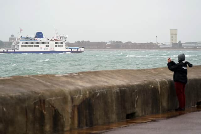 The Wightlink ferry St Clare makes its way in rough seas from Portsmouth to the Isle of Wight on Saturday October 2, 2021. PA Photo. See PA story WEATHER Wet. Photo credit should read: Andrew Matthews/PA Wire
